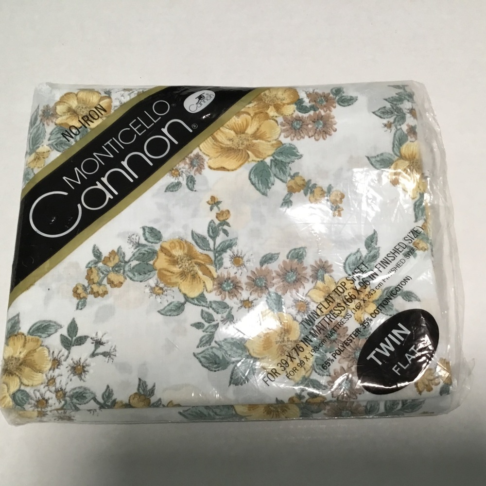 Vintage cannon twin flat sheet yellow floral print New Old Stock